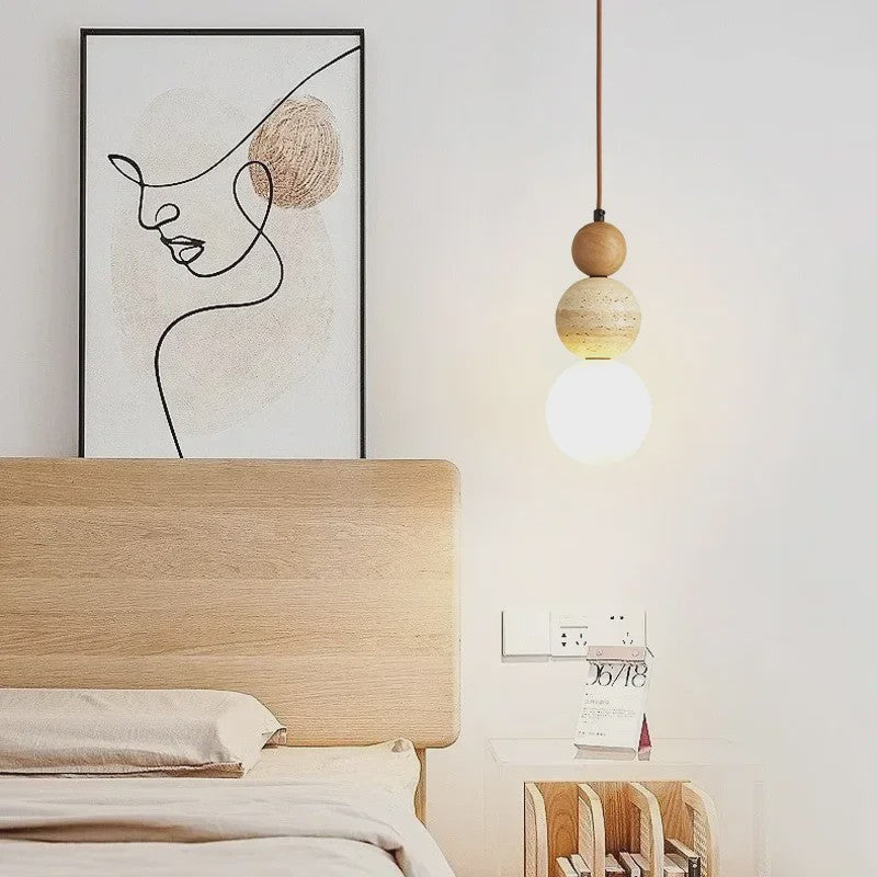 Stijlvolle Cream Wabi-Sabi Hanglamp met Hout en Natuursteen - Sfeervol Licht voor Slaapkamer of Bar