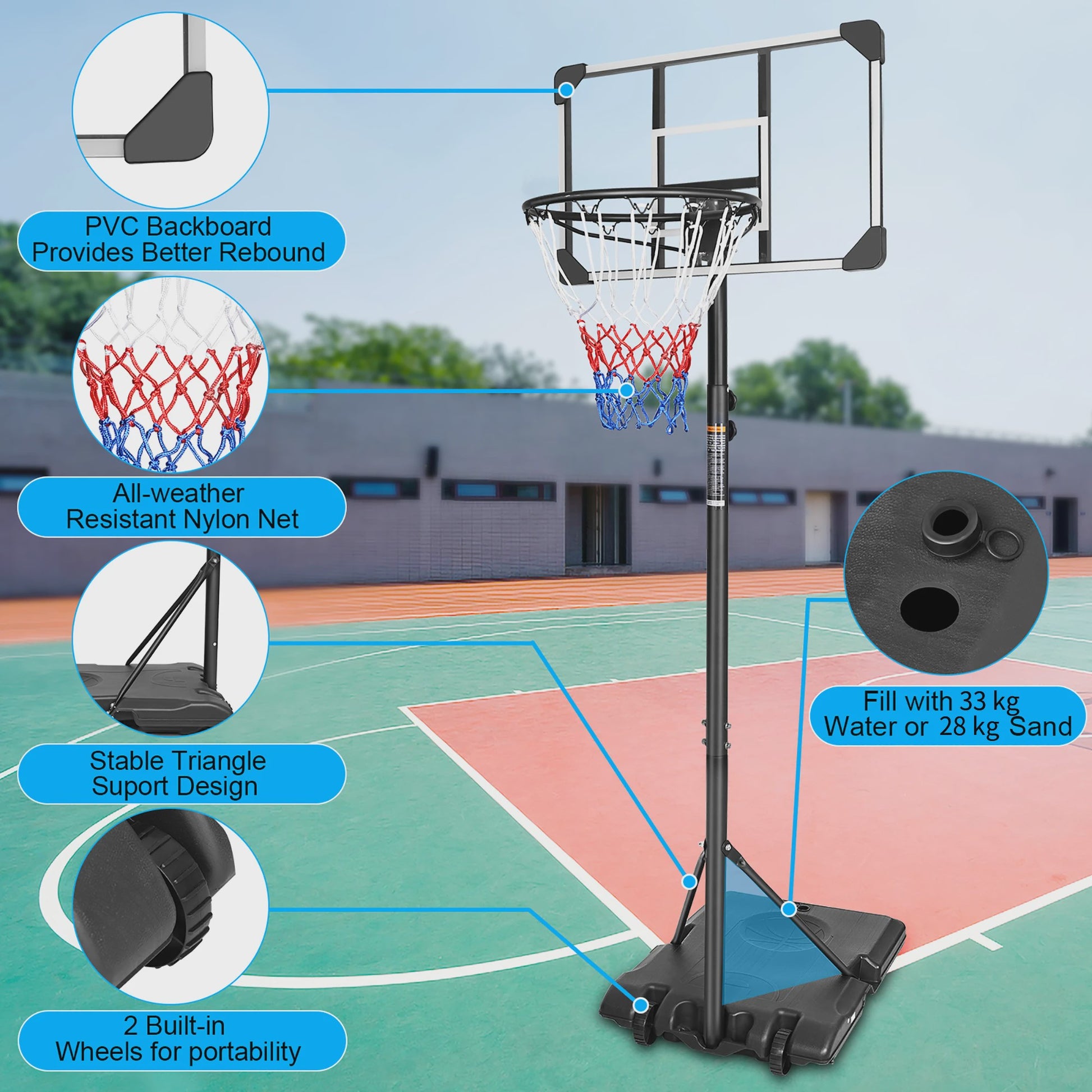 Draagbare Basketbalpaal Verstelbaar 170-213 cm met Wielen - Indoor & Outdoor