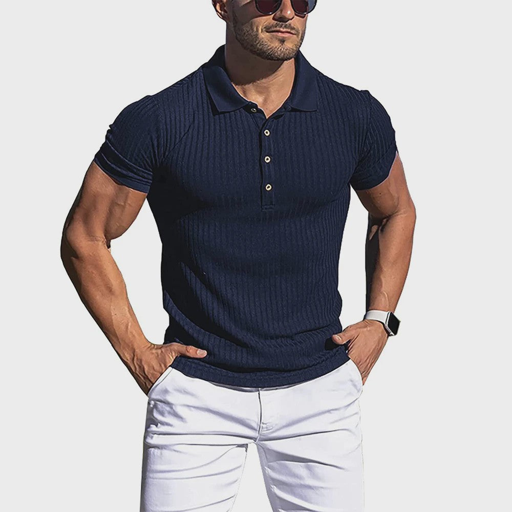 Zomer Heren Poloshirt met Verticale Streep en Elastische Pasvorm - Korte Mouw