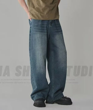 Herfst/Lente Heren Jeans - Loose Fit, Wide Leg, Vintage Washed Denim