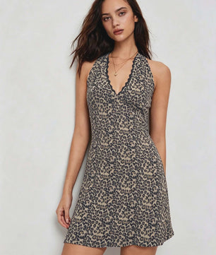 Zomerjurk Dames met Halter V-hals, Luipaardprint en Kant
