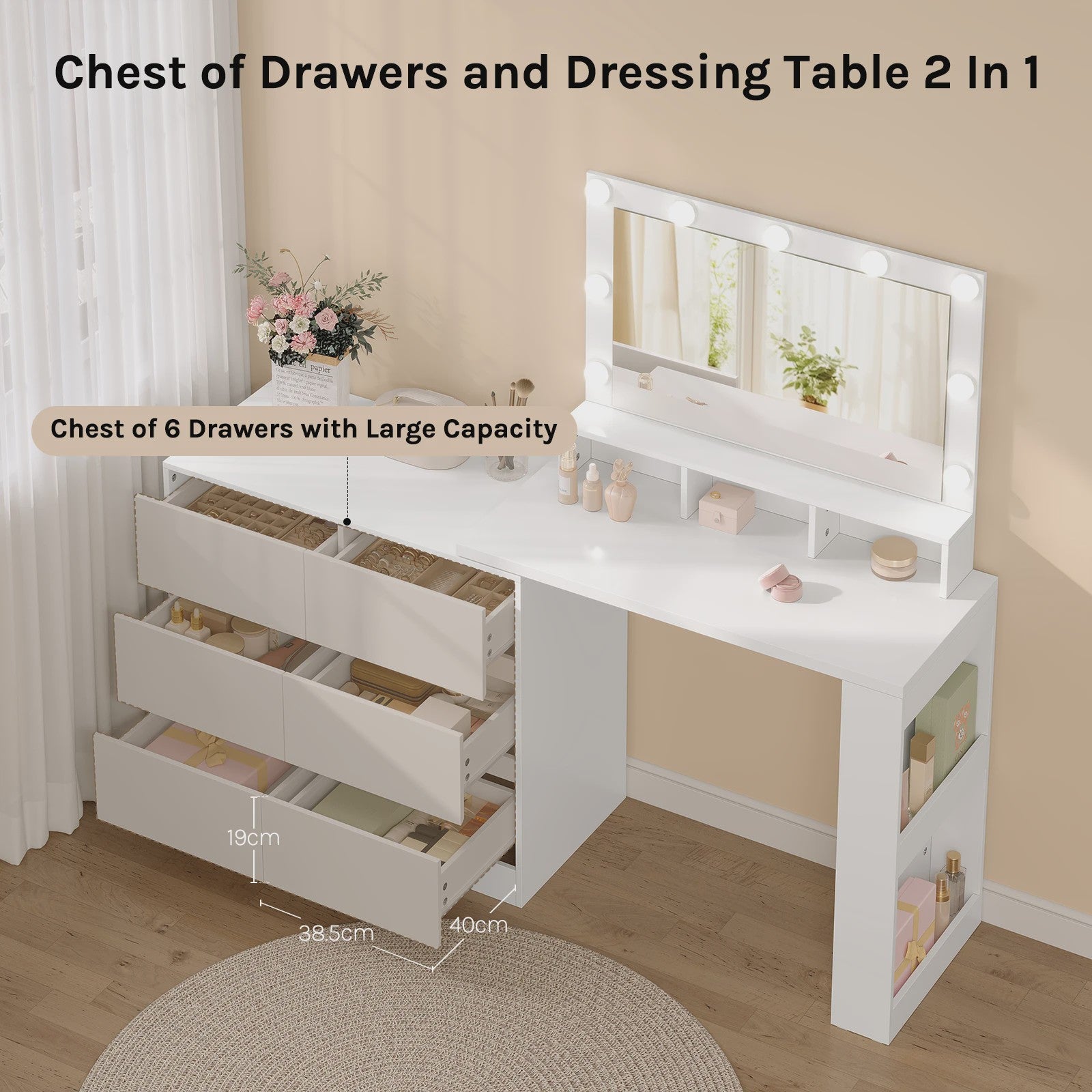 Moderne Kaptafel met LED Spiegel en 7 Lades - Flexibel te Monteren - Make-up Tafel met Ladekast