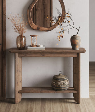 Massief Houten Console Tafel met 2 Lagen - Stijlvolle Sofa Tafel voor Hal of Woonkamer (Walnootkleur) - 105cm