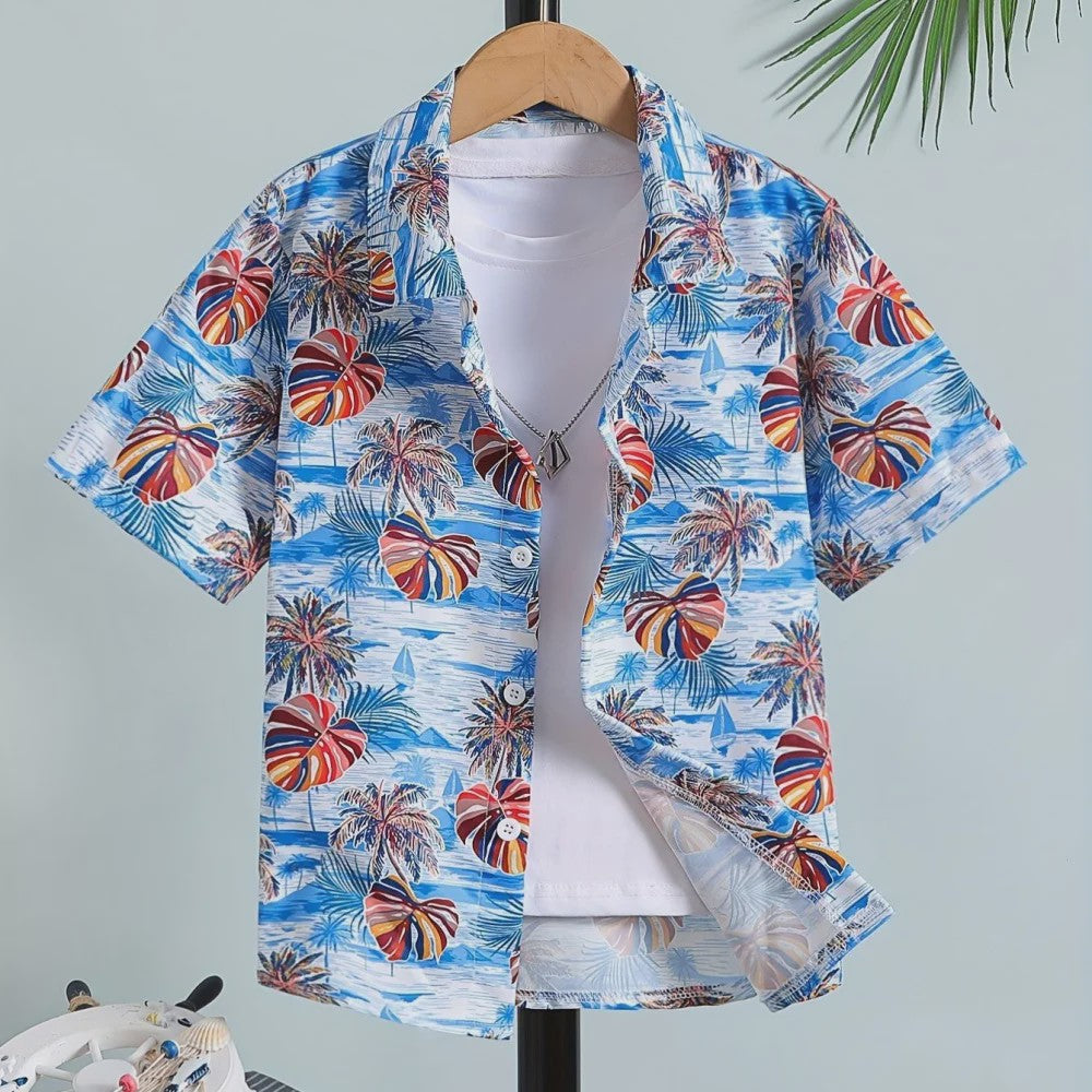 Kinder Hawaii Blouse Korte Mouw met Palmbomen Print - Perfect voor Vakantie en Buitenplezier