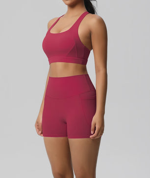 Dames Yoga Set: Sportieve Kleding met Hoge Taille Shorts en Sportbeha met Zakken