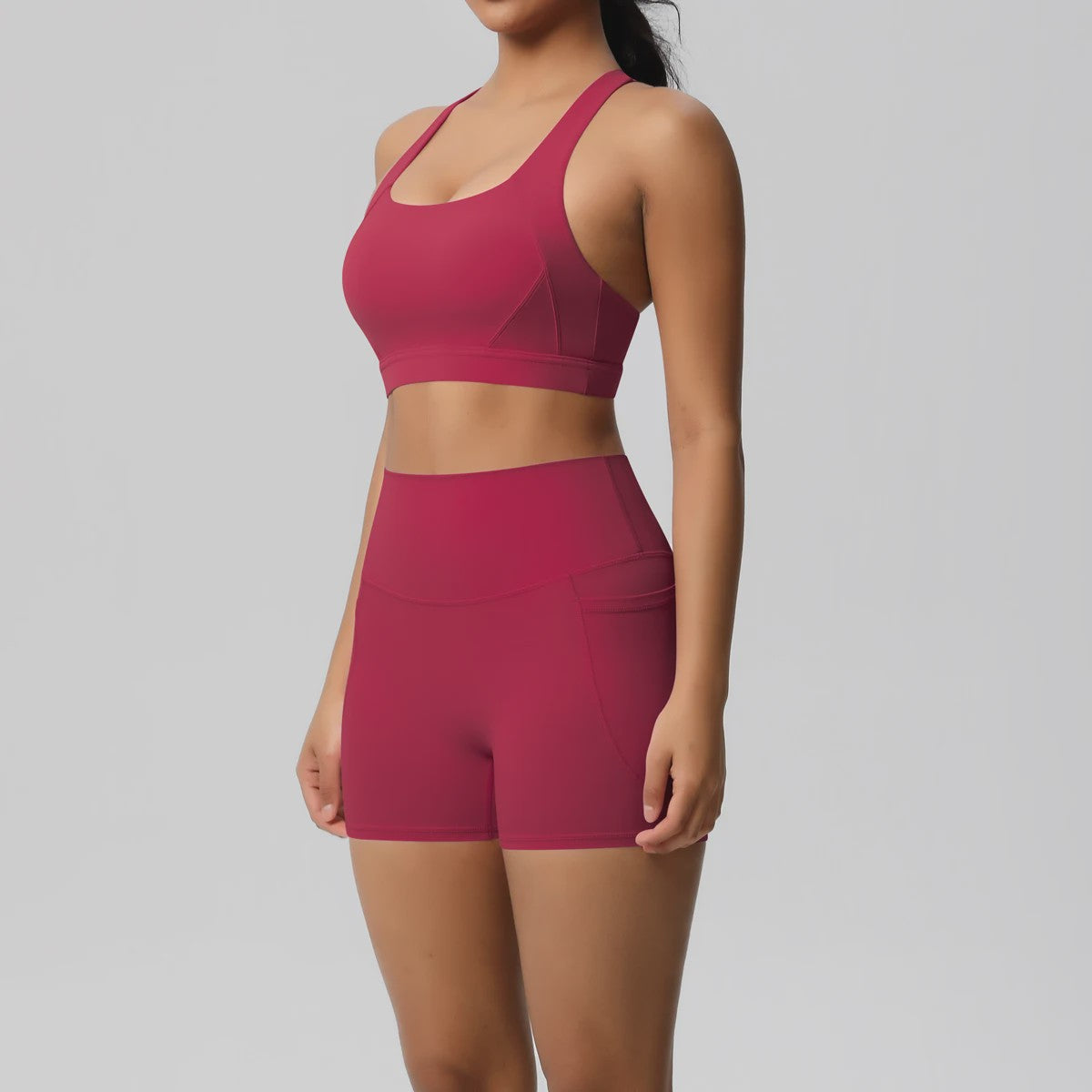 Dames Yoga Set: Sportieve Kleding met Hoge Taille Shorts en Sportbeha met Zakken