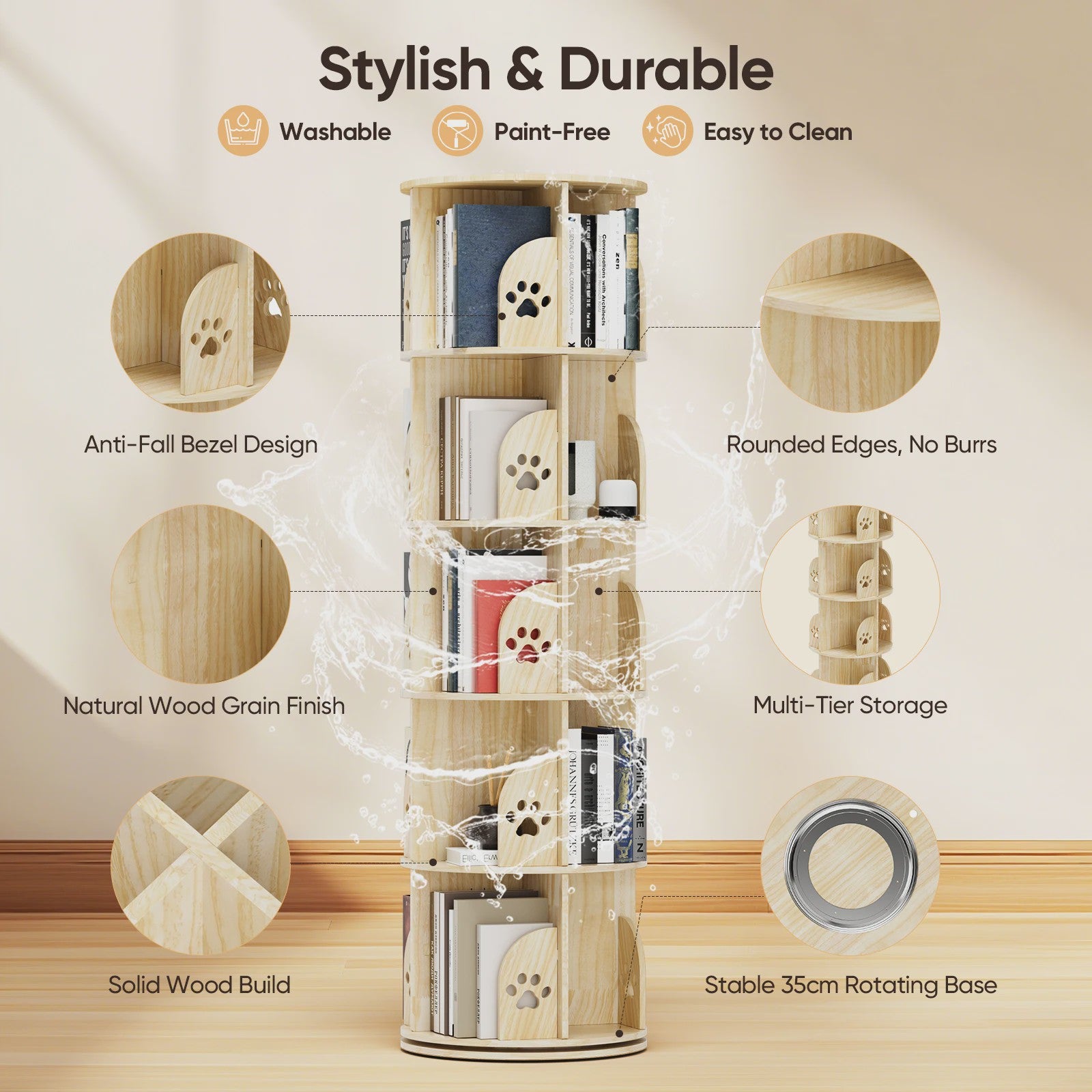 White Rotating Bookcase Storage 5-Tier Book Shelf 20 Compartments for Living Room Office Children's Room Organizer Decoration