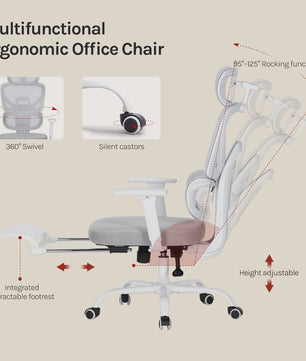 Ergonomische bureaustoel met mesh rugleuning, verstelbare hoofdsteun en voetensteun