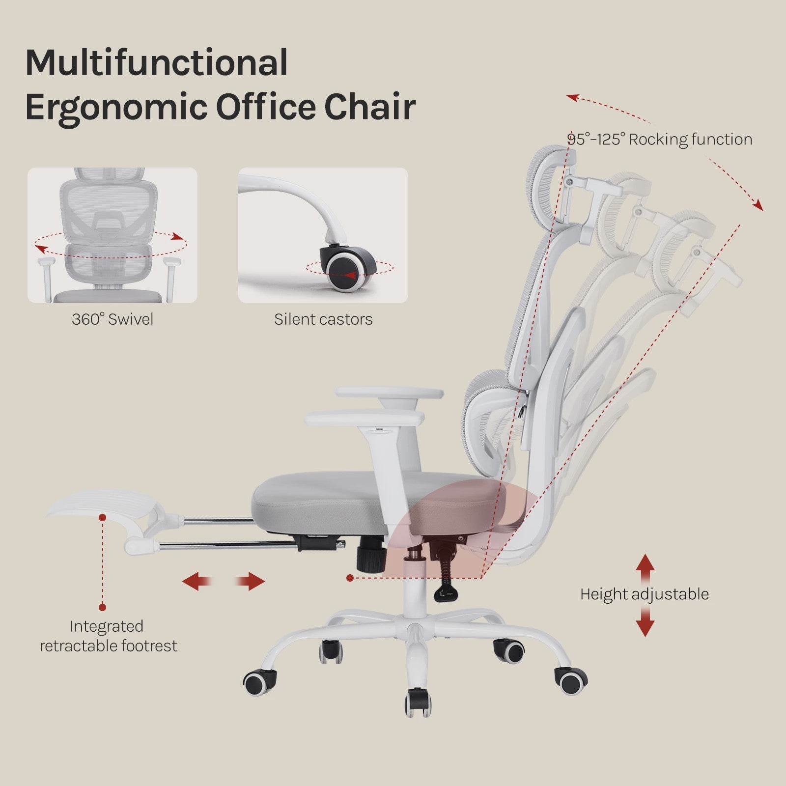 Ergonomische bureaustoel met mesh rugleuning, verstelbare hoofdsteun en voetensteun