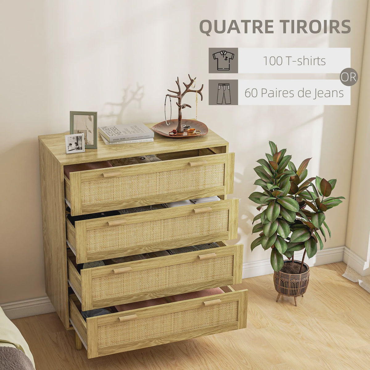 Bohemien Ladekast met 4 Lades en Gevlochten Hars Front - 90x45x108.5 cm