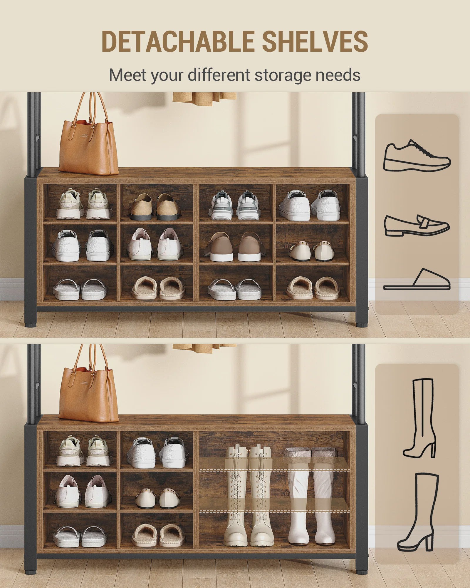 Kapstok met Schoenbank en 14 Open Vakken - Halmeubel met Haken