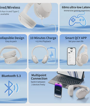 QCY H3 Lite ANC Koptelefoon: Draadloos/Bedraad, 60u Batterij, Bluetooth 5.3, Opvouwbaar, HIFI Geluid