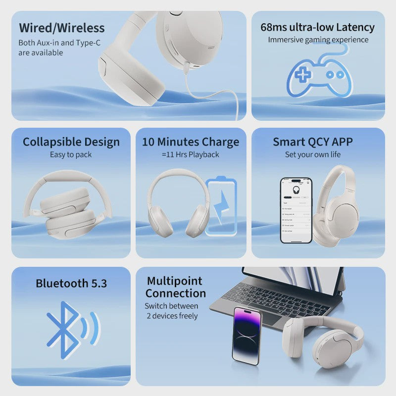 QCY H3 Lite ANC Koptelefoon: Draadloos/Bedraad, 60u Batterij, Bluetooth 5.3, Opvouwbaar, HIFI Geluid