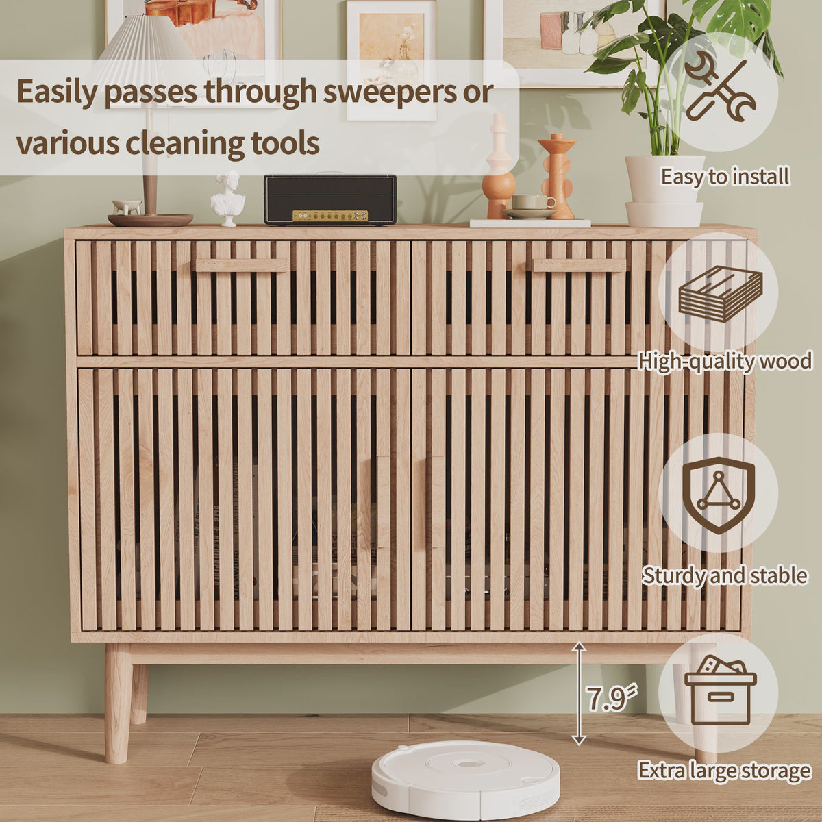 Simurq Sideboard / Buffetkast 100x35x80cm - 2 Lades, 2 Deuren, Massief Houten Poten & Lamellenpanelen