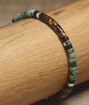 Natuurlijke Kralen Armband Dames - Tijgeroog, Onyx & Afrikaanse Turquoise - Verstelbaar