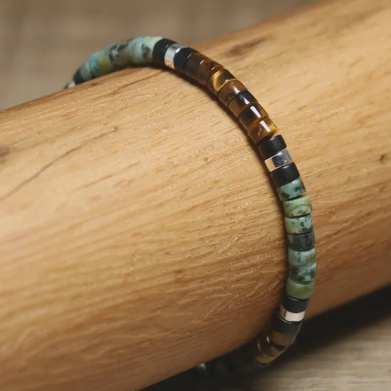 Natuurlijke Kralen Armband Dames - Tijgeroog, Onyx & Afrikaanse Turquoise - Verstelbaar