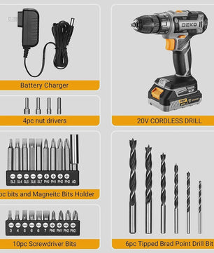 DEKO 20V Accuboormachine Set met Batterij en Lader - Krachtig en Veelzijdig