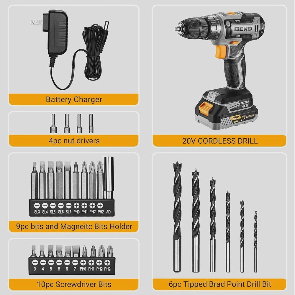 DEKO 20V Accuboormachine Set met Batterij en Lader - Krachtig en Veelzijdig