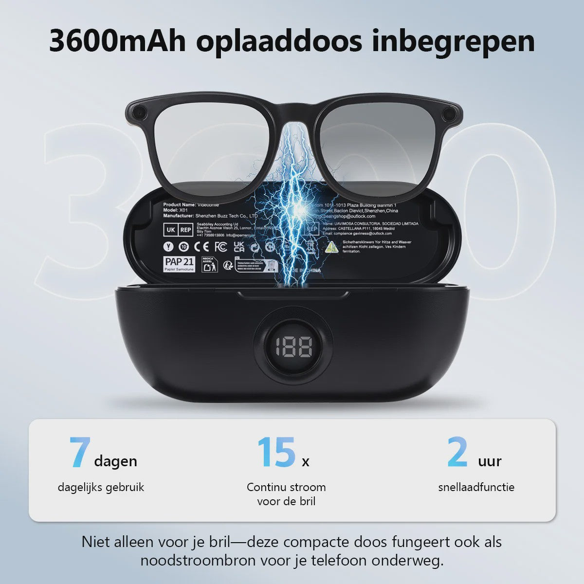 AI Smart Bril met Camera: Vertaling, Foto/Video, 3600mAh Batterij & WiFi/BT