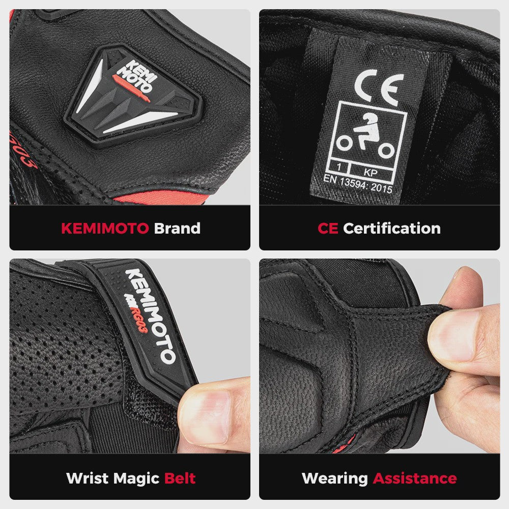 KEMIMOTO Motorhandschoenen Zomer - Ademend Leer met Carbon Bescherming & Touchscreen