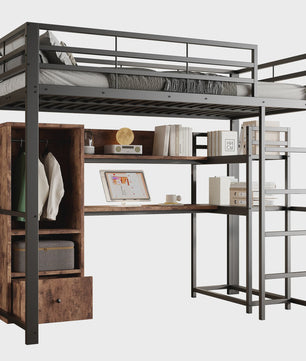 Zwart Metalen Loft Bed 140x200 cm met LED Verlichting, Bureau, Lade, Planken en Ladder