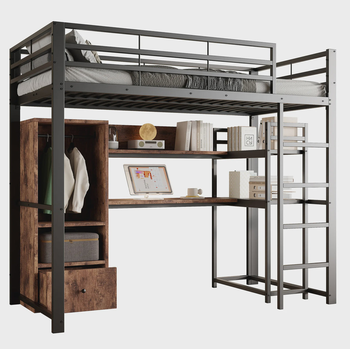 Zwart Metalen Loft Bed 140x200 cm met LED Verlichting, Bureau, Lade, Planken en Ladder