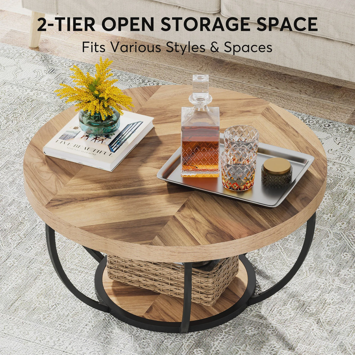 Industriële Ronde Salontafel met 2 Lagen Opslag - 31.7 inch