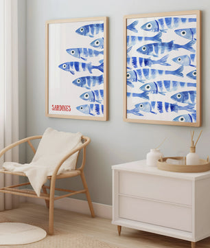Retro Blauwe Sardine Canvas Poster - Mediterrane Stijl Wanddecoratie