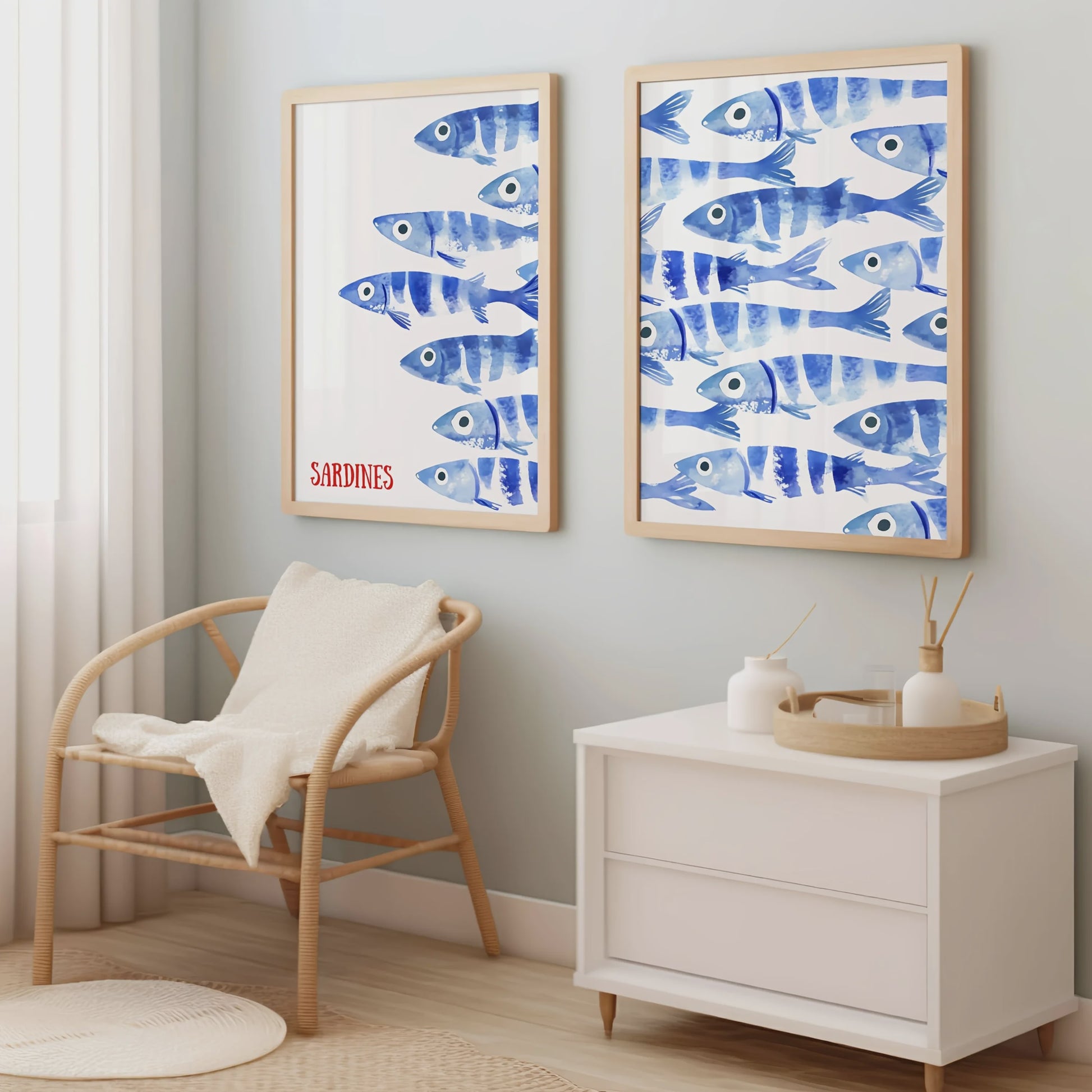 Retro Blauwe Sardine Canvas Poster - Mediterrane Stijl Wanddecoratie