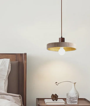 Natuurlijke Travertin Hanglamp met Houten Accent - E27 Fitting