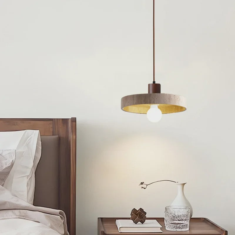 Natuurlijke Travertin Hanglamp met Houten Accent - E27 Fitting