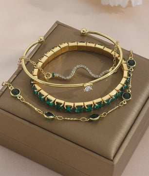 Set van 4 Luxe Armbanden met Groene Edelstenen en Strass - Stijlvolle Sieraden voor Dames