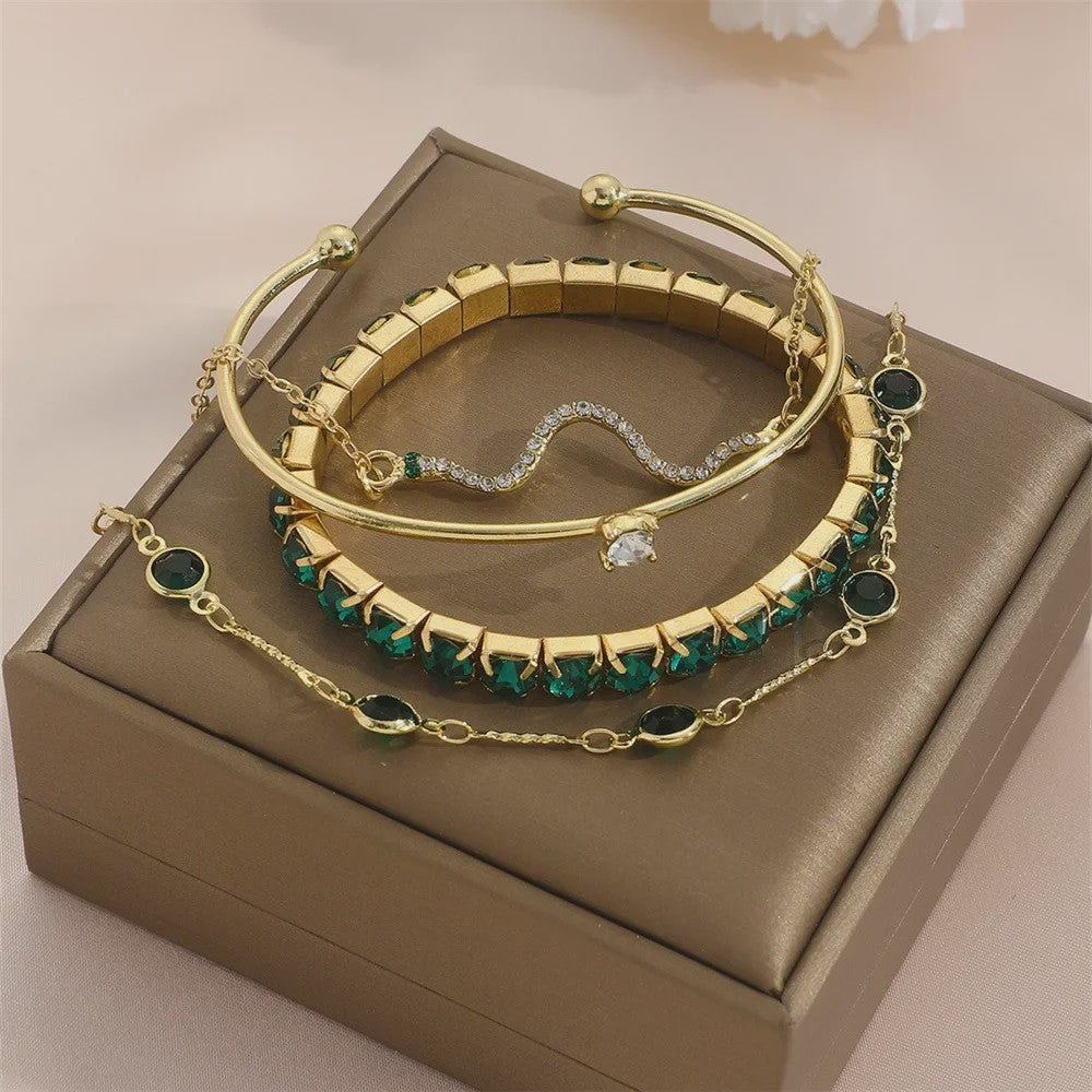 Set van 4 Luxe Armbanden met Groene Edelstenen en Strass - Stijlvolle Sieraden voor Dames