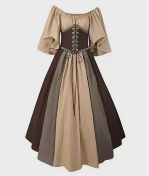 Middeleeuwse Retro Jurk met Contrastkleuren en Off-Shoulder Halslijn