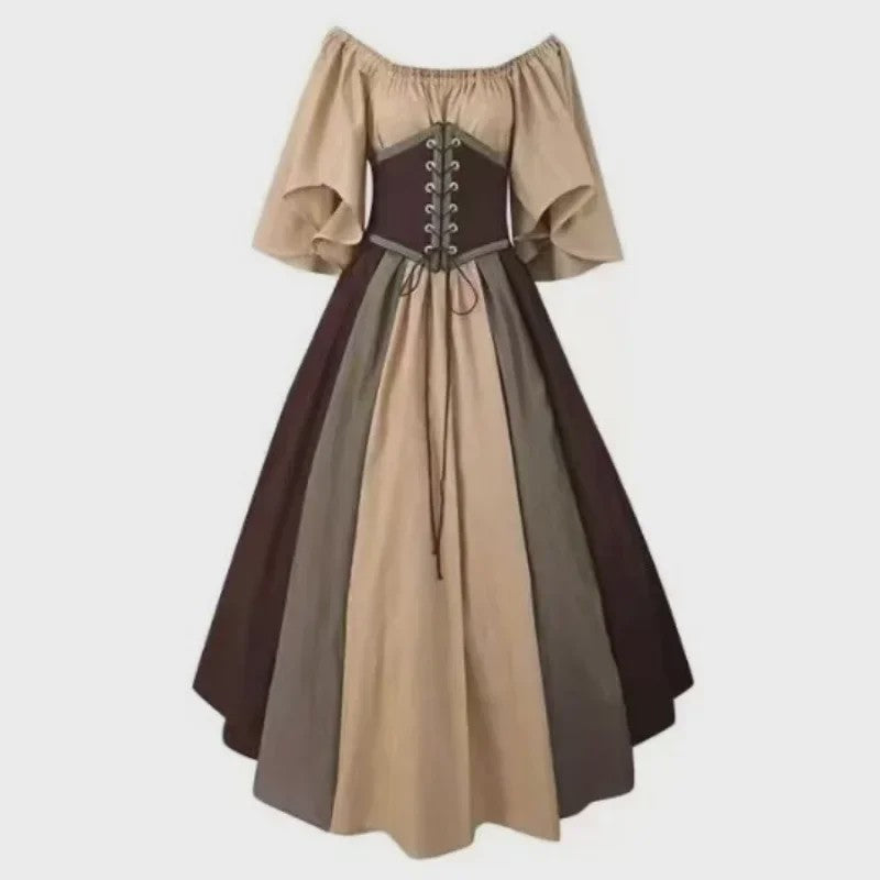 Middeleeuwse Retro Jurk met Contrastkleuren en Off-Shoulder Halslijn