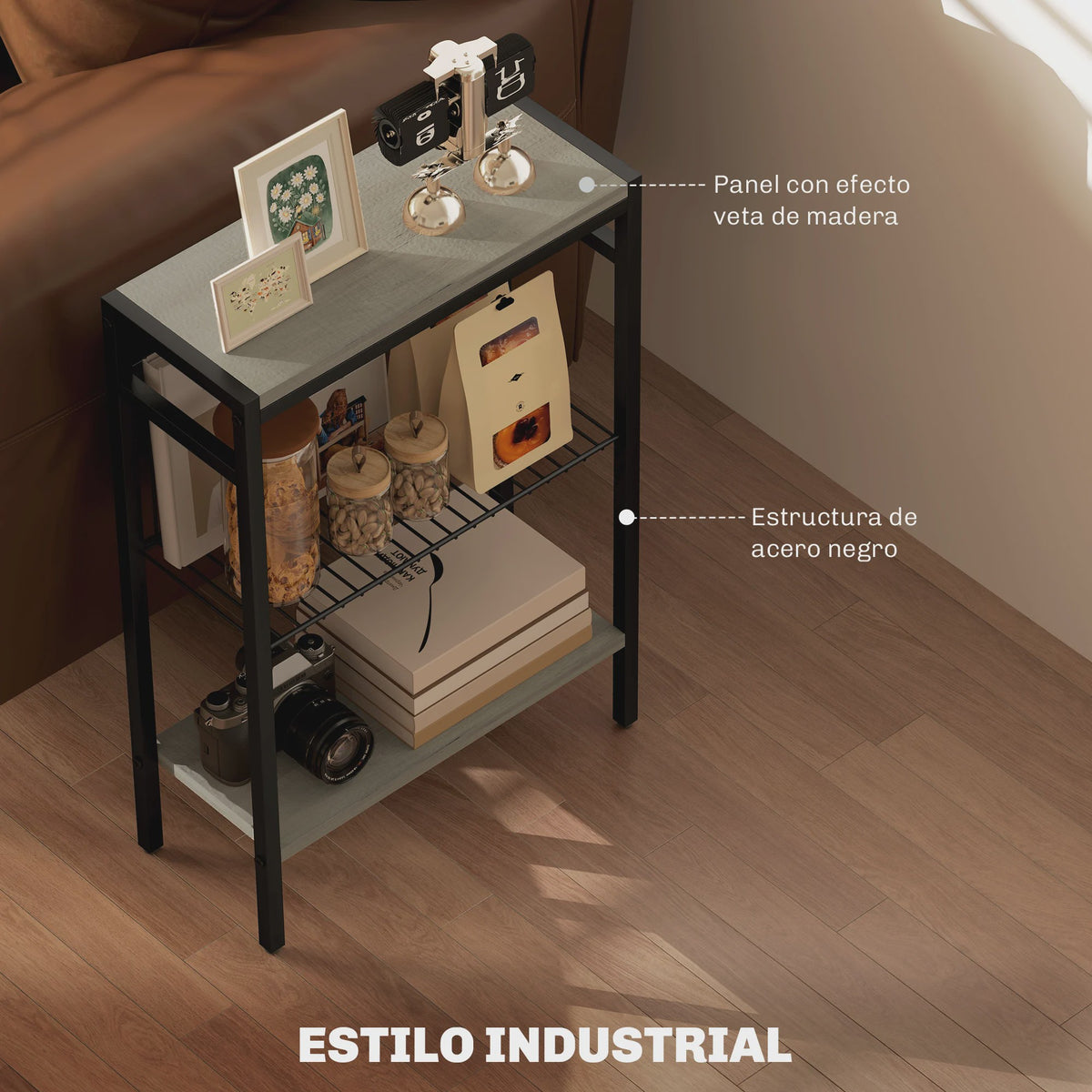 Homcom Smalle Bijzettafel met 3 Open Planken en Stalen Frame - Industrieel Design