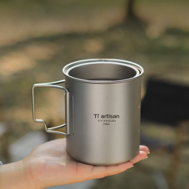 Tiartisan Titanium Mok met Opvouwbaar Handvat - Lichtgewicht & Draagbaar voor Outdoor Avonturen