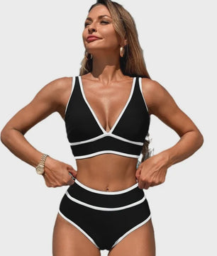 Dames Bikini Set V-hals High Waisted Tweedelig Zwemkleding Effen of Bloemenprint