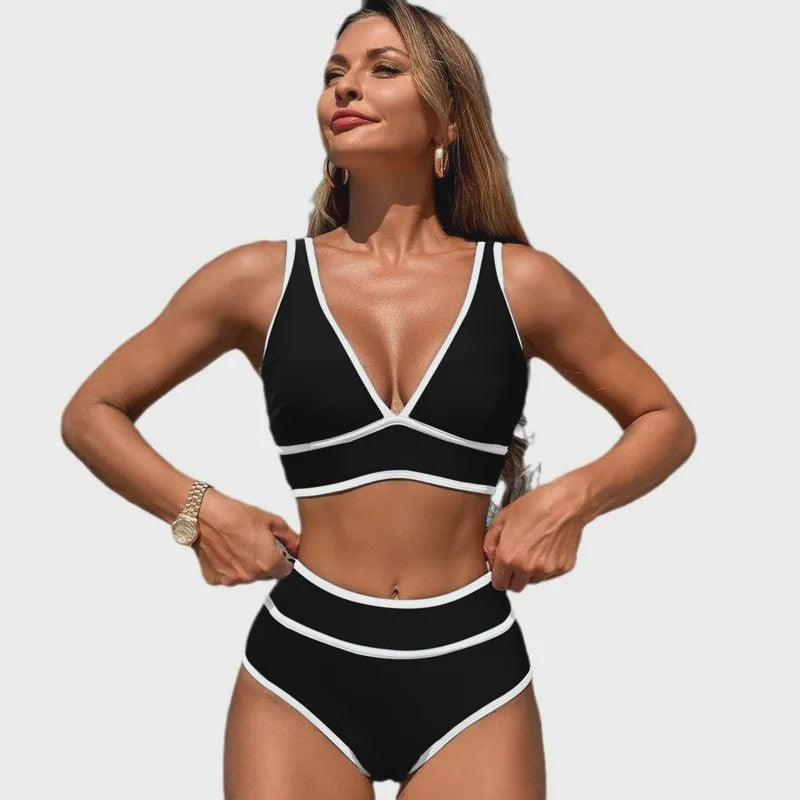 Dames Bikini Set V-hals High Waisted Tweedelig Zwemkleding Effen of Bloemenprint