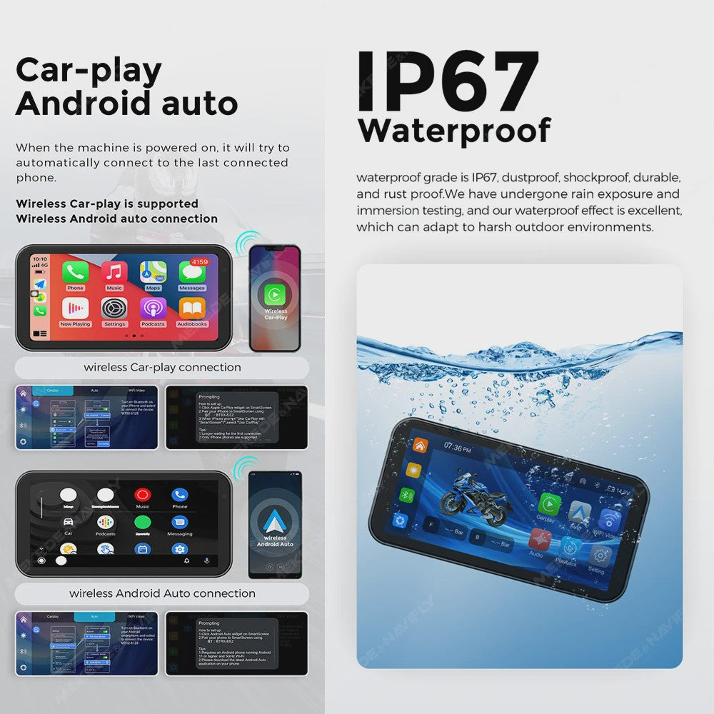 6.25" Motorfiets Navigatie & DVR met Draadloze CarPlay/Android Auto - Waterdicht IP67