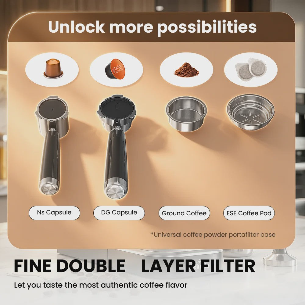 Patbrela Semi-Automatische Espressomachine 20Bar met Dubbel Watersysteem & 4-in-1 Portafilter