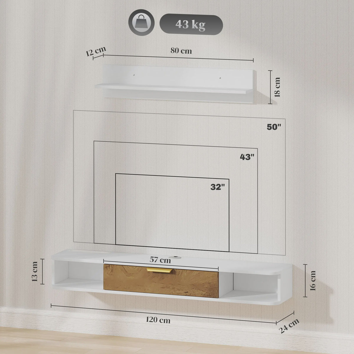 Zwevend TV Meubel met Wandplank en Open Vakken - Modern Design