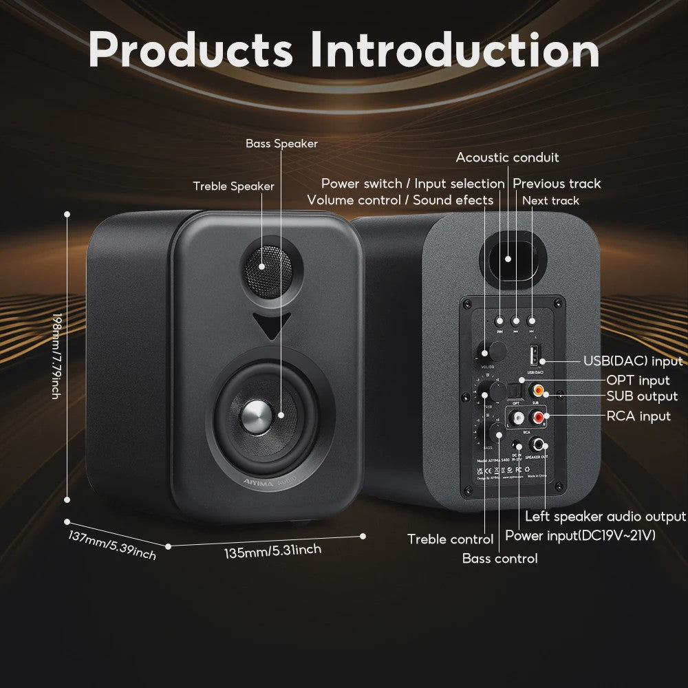 AIYIMA S400 Actieve Boekenplank Luidsprekers - Hifi Studio Monitors met Bluetooth & USB DAC