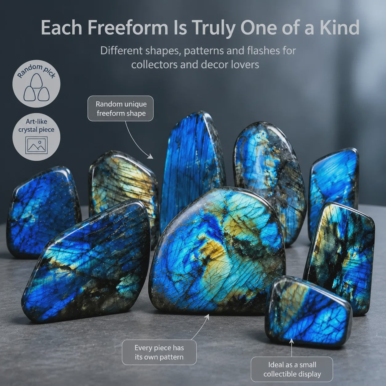 Unieke Labradoriet Kristal Decoratie - Natuurlijke Vorm, Blauw & Goud Sparkle