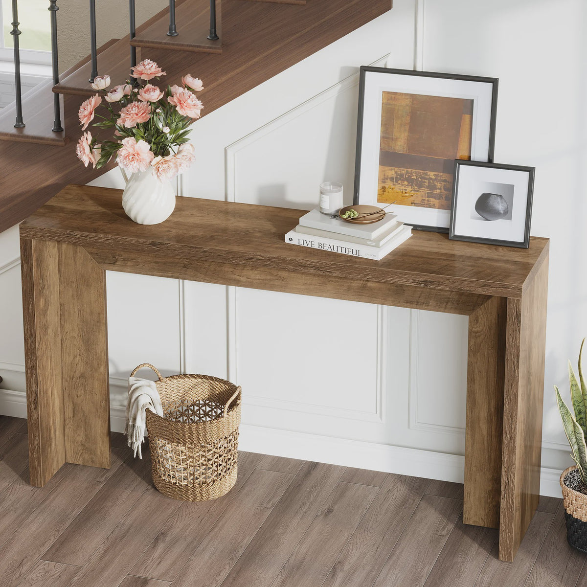 Tribesigns 140cm Farmhouse Console Tafel met Opbergruimte - Rustiek Bruin Hout