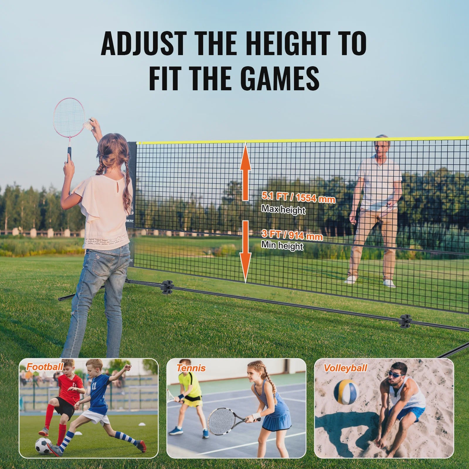 Verstelbaar Sportnet 20FT - Badminton, Volleybal, Tennis, Pickleball - Draagbaar & Inklapbaar