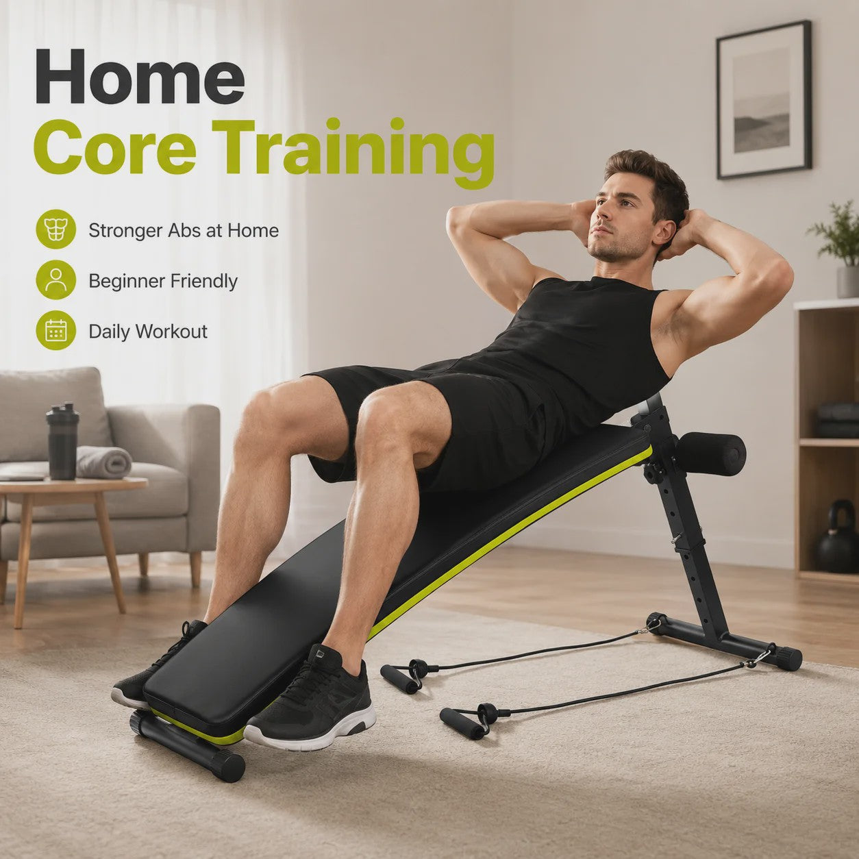 Verstelbare Buikspierbank met 4 Incline Niveaus & Weerstandsbanden - Core Training