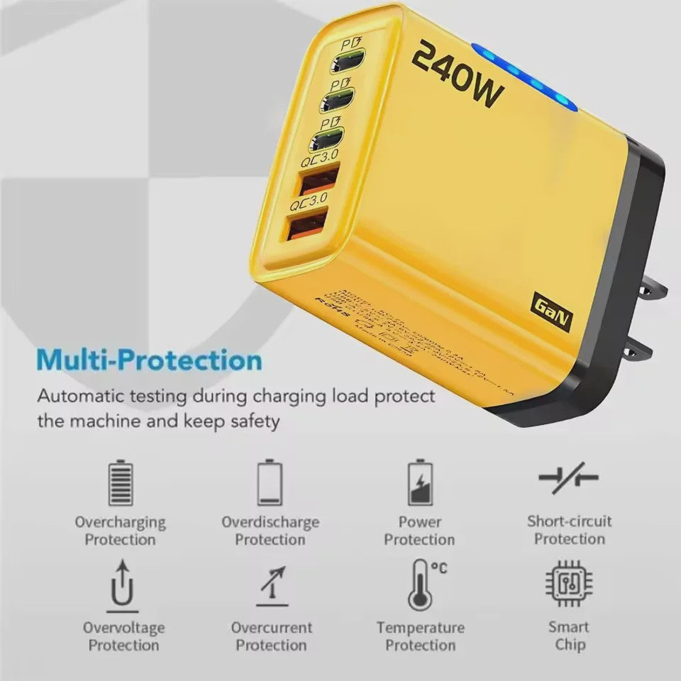 240W GaN 5-Poorts Snellader | USB-C PD & QC 3.0 | EU/US Stekker