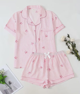 Dames Pyjama Set: Loungewear met Strikjes Print - Korte Mouw & Short