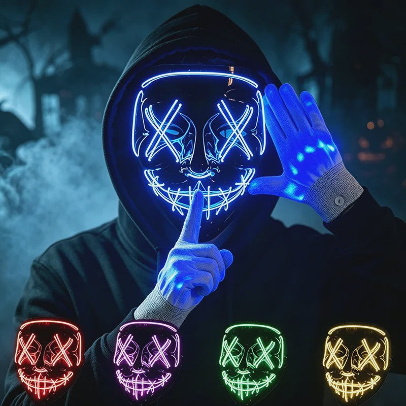 Verlicht LED Neon Purge Masker met Fiber Optic Handschoenen - Halloween & Feest